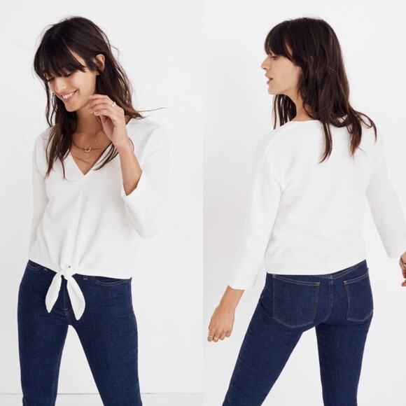 Madewell Tops - MADEWELL White Textured Tie-Front Top Size XL Classic Capsule Wardrobe Staple